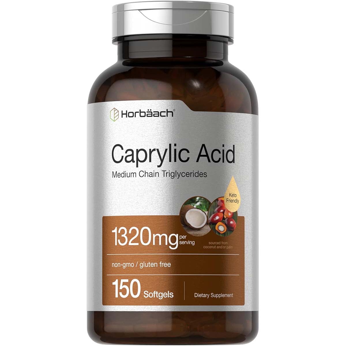 Horbaach Ácido Caprílico Soporte Presión Arterial Aceite MCT 1320 mg por Servicio, 150 Cápsulas Blandas