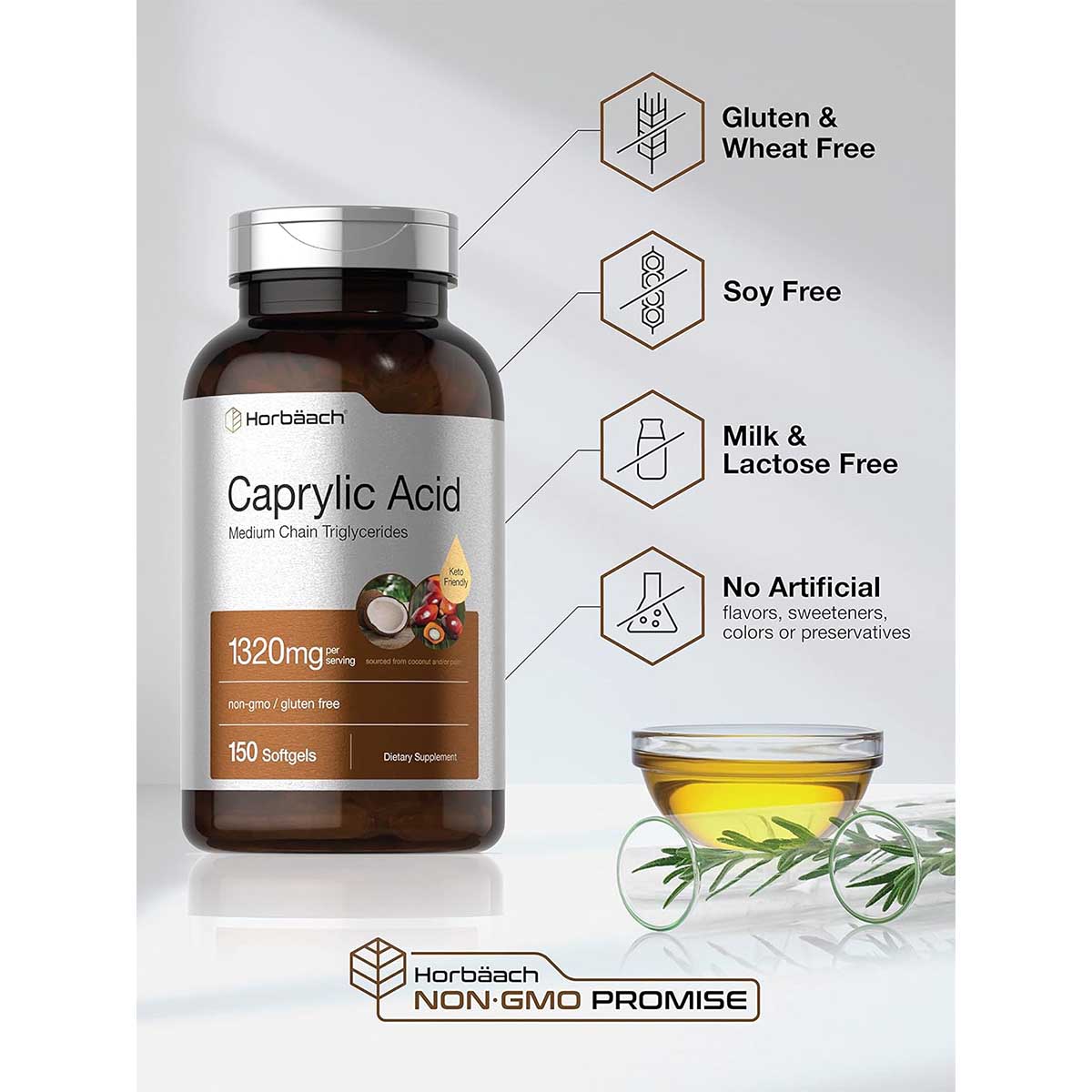 Horbaach Ácido Caprílico Soporte Presión Arterial Aceite MCT 1320 mg por Servicio, 150 Cápsulas Blandas - Imagen 4