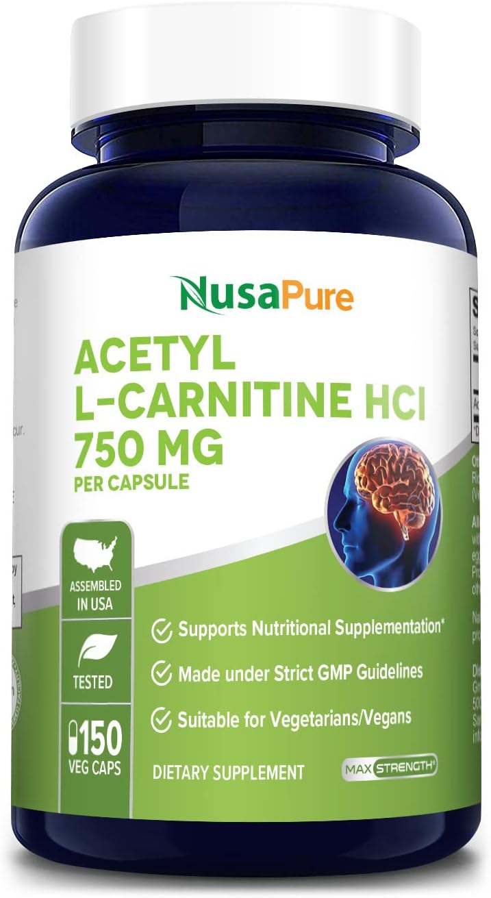 NusaPure Acetil L-Carnitina 750 mg por Cápsula HCL de Alta Potencia, Apoya la Función Cognitiva 150 Cápsulas Vegetales