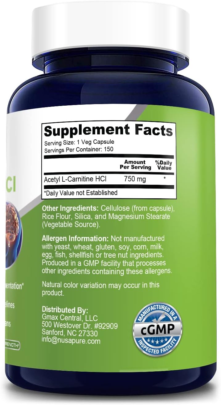 NusaPure Acetil L-Carnitina 750 mg por Cápsula HCL de Alta Potencia, Apoya la Función Cognitiva 150 Cápsulas Vegetales - Imagen 2