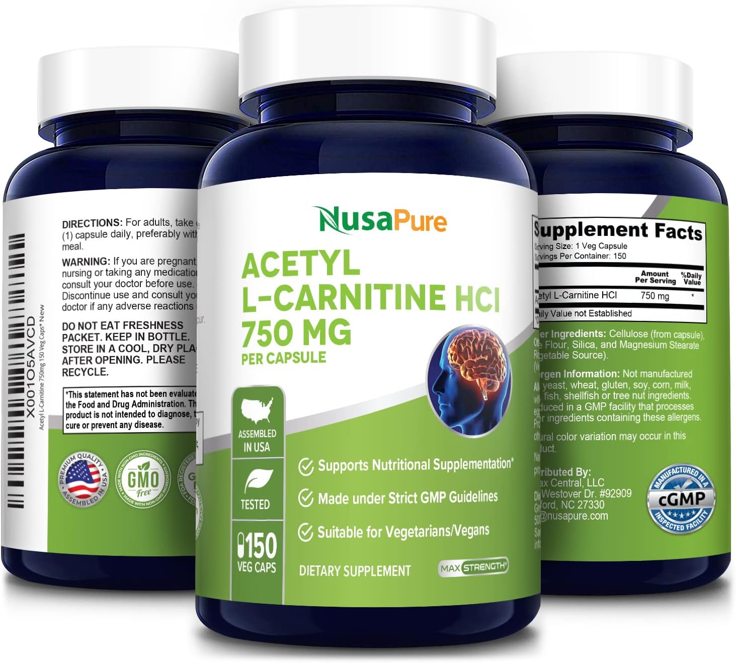 NusaPure Acetil L-Carnitina 750 mg por Cápsula HCL de Alta Potencia, Apoya la Función Cognitiva 150 Cápsulas Vegetales - Imagen 4