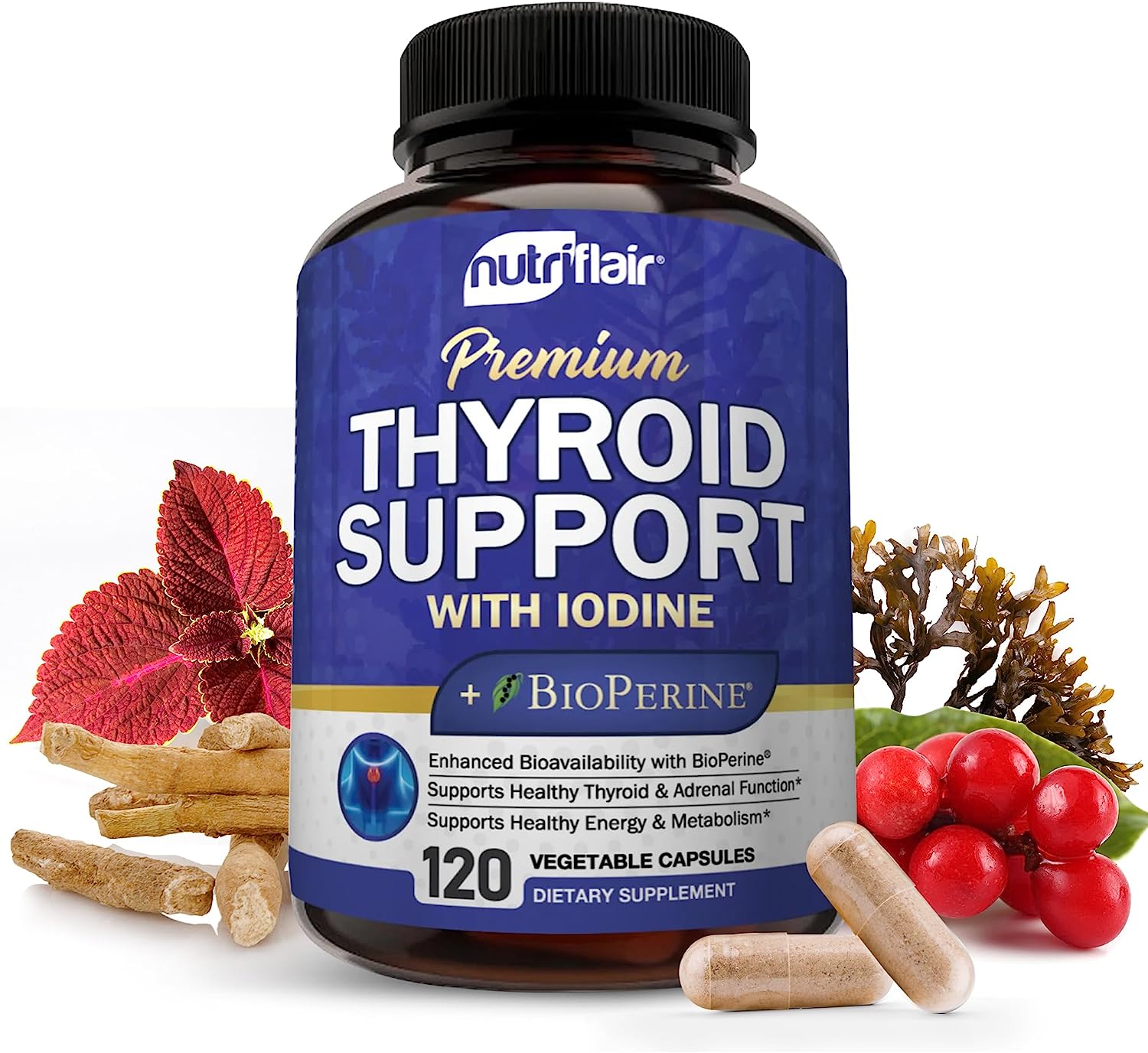 Nutriflair Soporte para la Tiroides - Thyroid Support con Yodo Ashwagandha y Pimienta Negra 120 Cápsulas