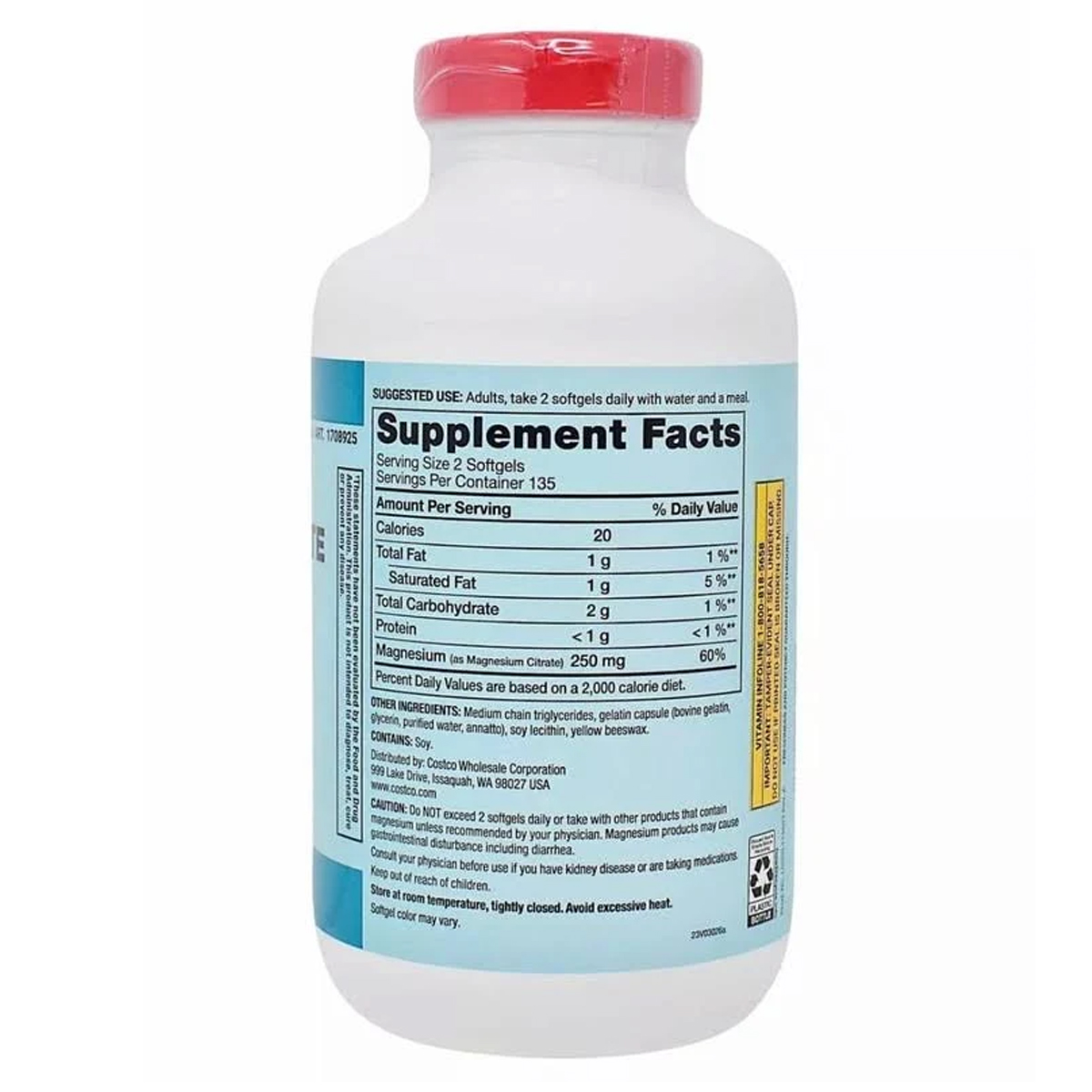 Kirkland Citrato de Magnesio - Magnesium Citrate 250 mg por Servicio 270 Cápsulas Blandas - Imagen 2