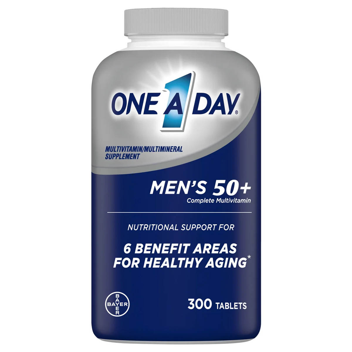 Bayer One A Day Men's 50+ Suplemento Multivitaminico, Apoyo en 6 Áreas para Tener un Envejecimiento Saludable 300 Tabletas