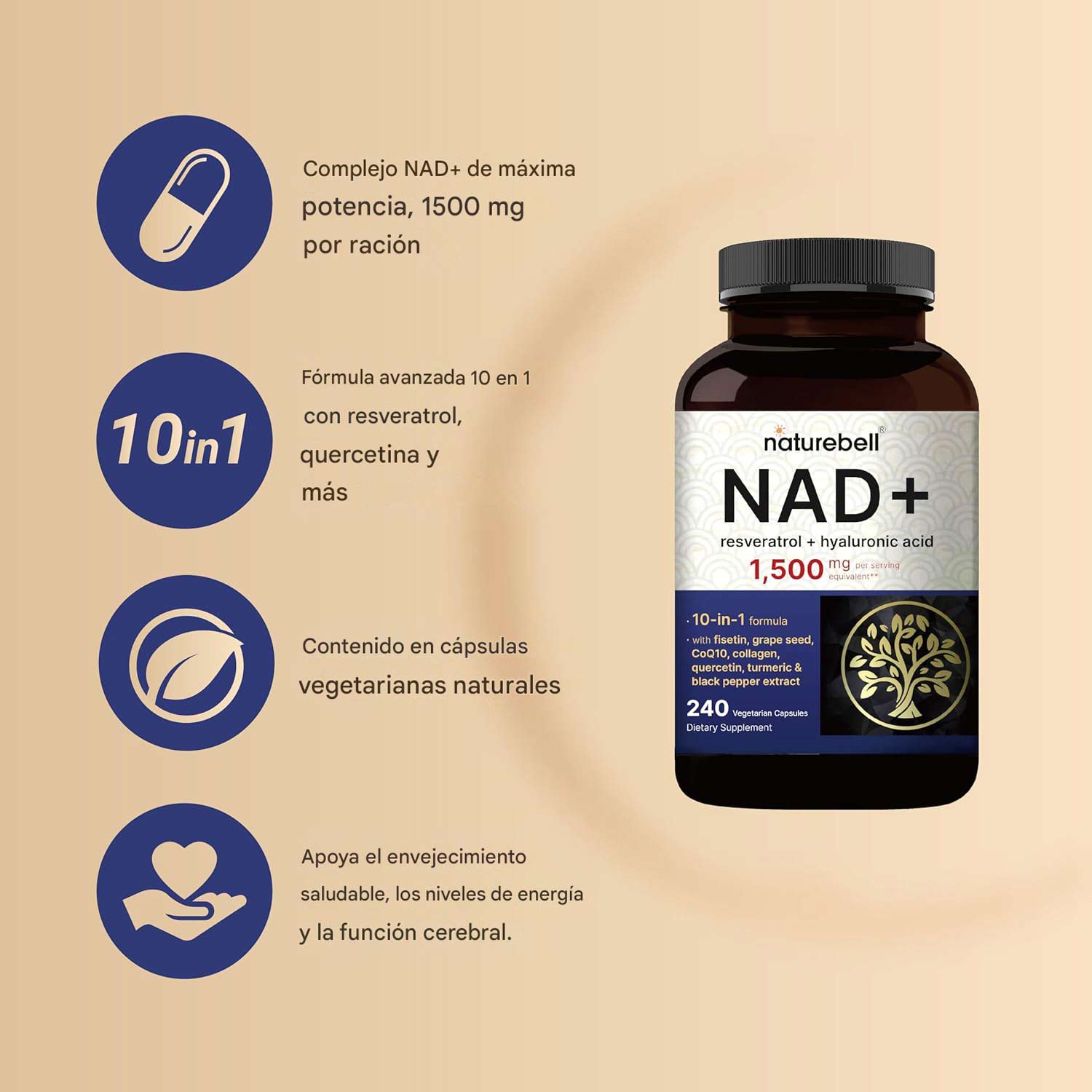 NatureBell NAD+ 1.500 mg Por Servicio, Complejo 10 en 1 con resveratrol Plus Ácido Hialurónico - 240 Cápsulas Vegetales - Imagen 2