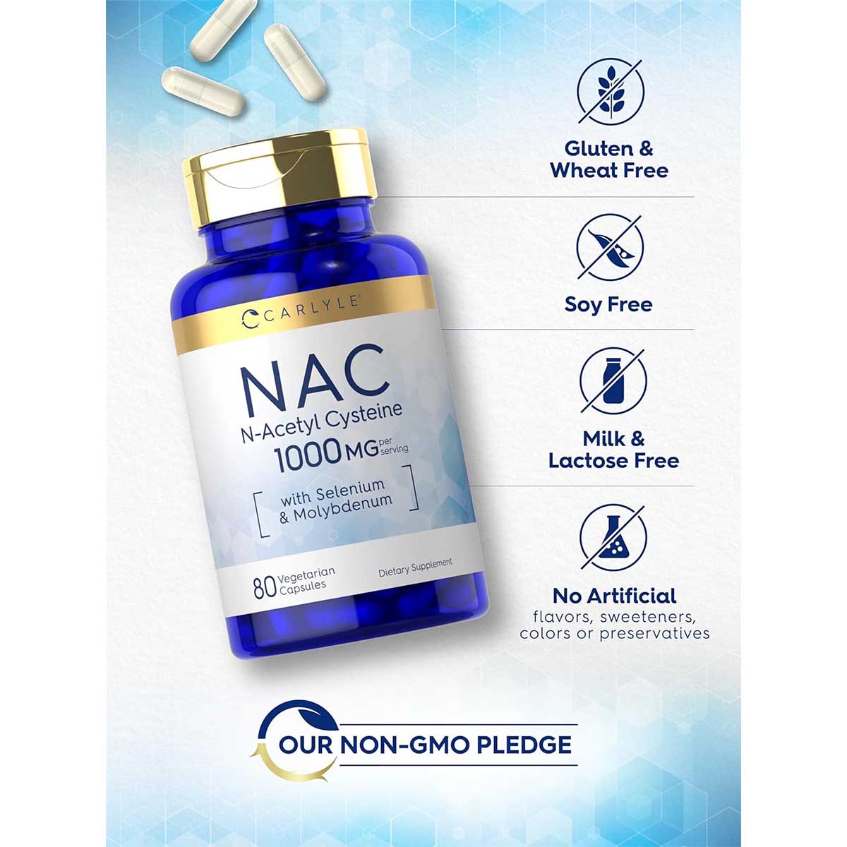 Carlyle NAC N-Acetyl Cysteine, con Selenio y Molibdeno - 1000 mg por servicio 80 Cápsulas Vegetarianas - Imagen 4