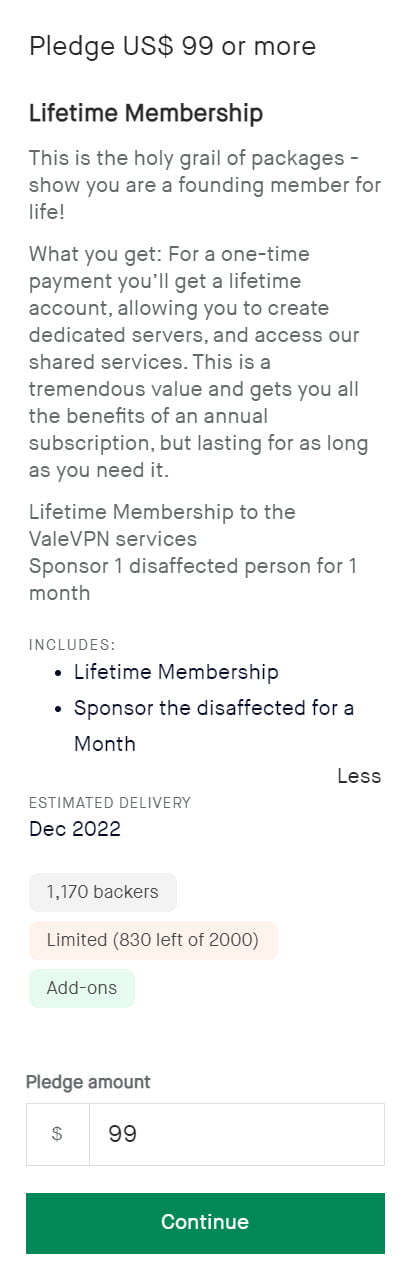 Vale VPN Lifetime Deal Pricing