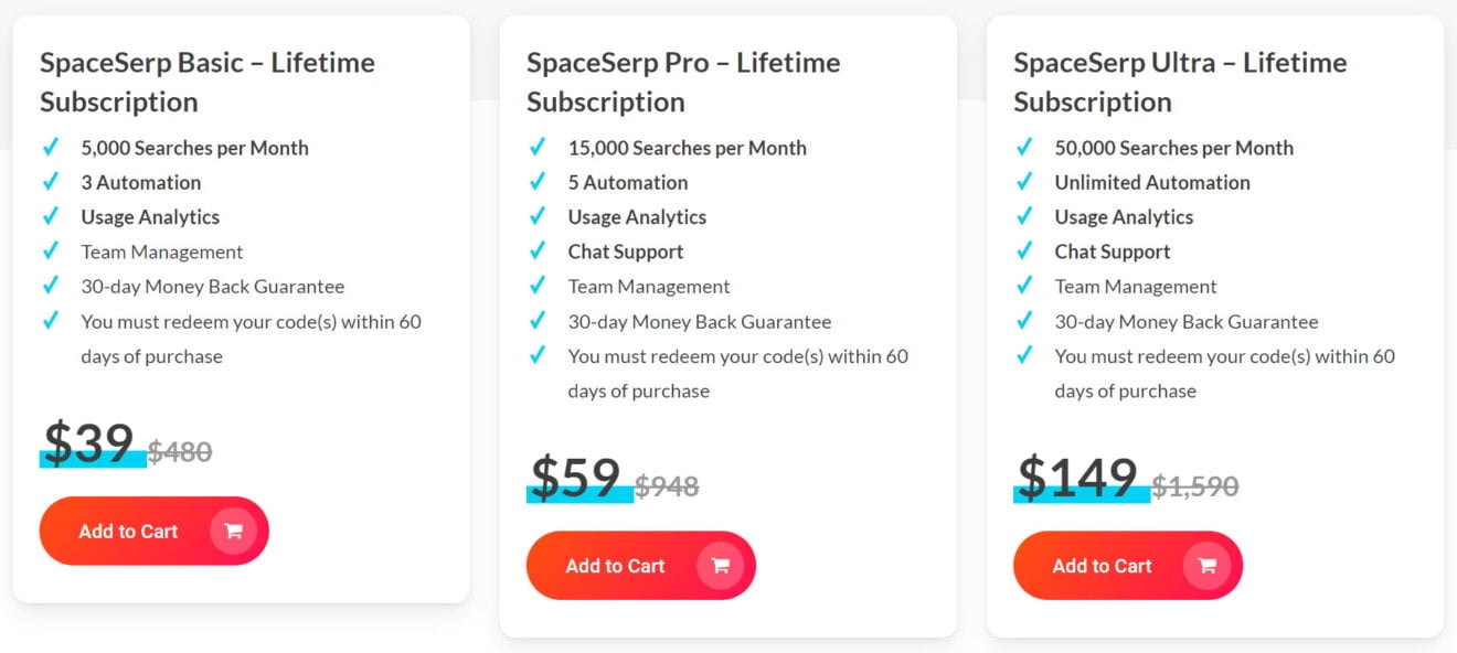 SpaceSerp Lifetime Deal Pricing