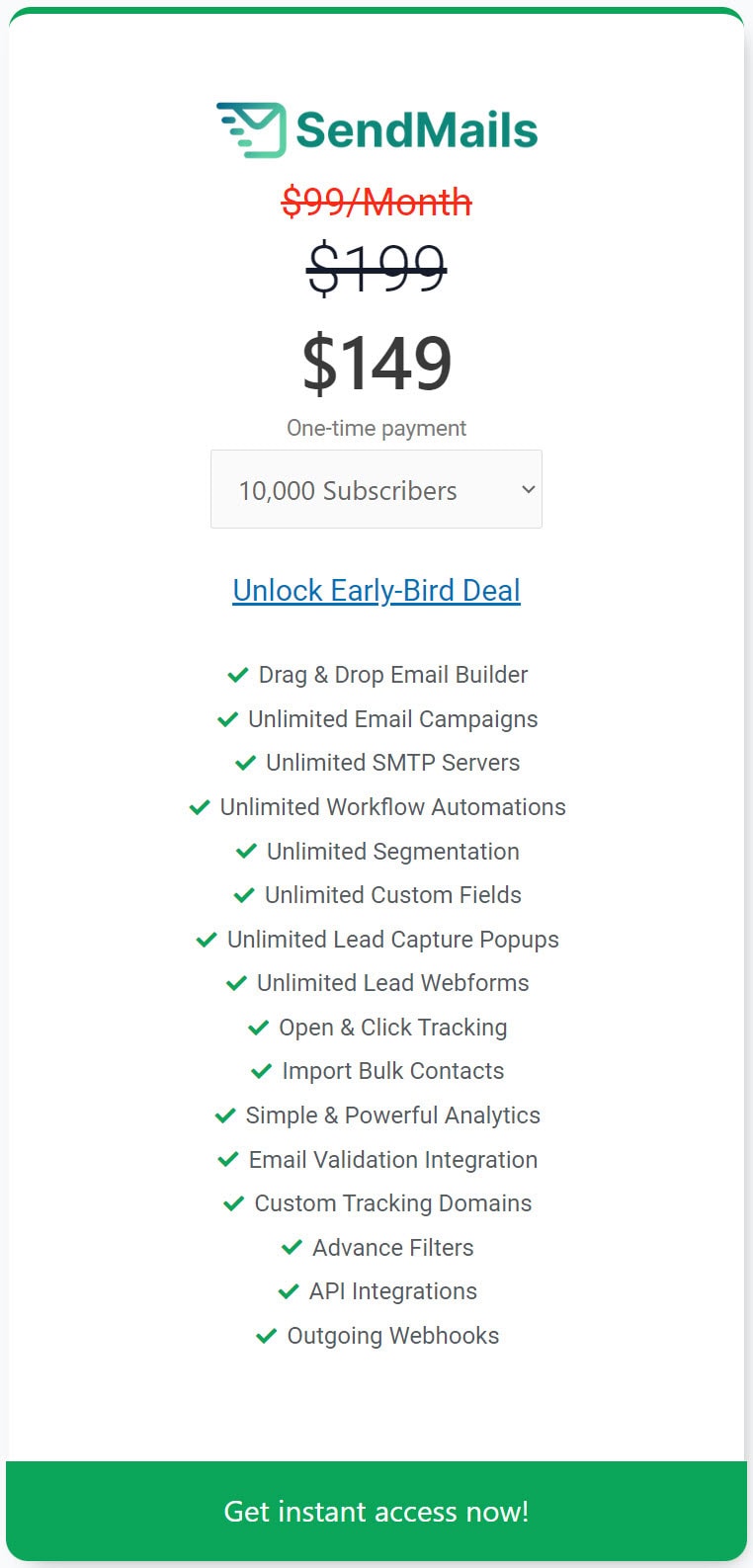 Sendmails Lifetime Deal Pricing I