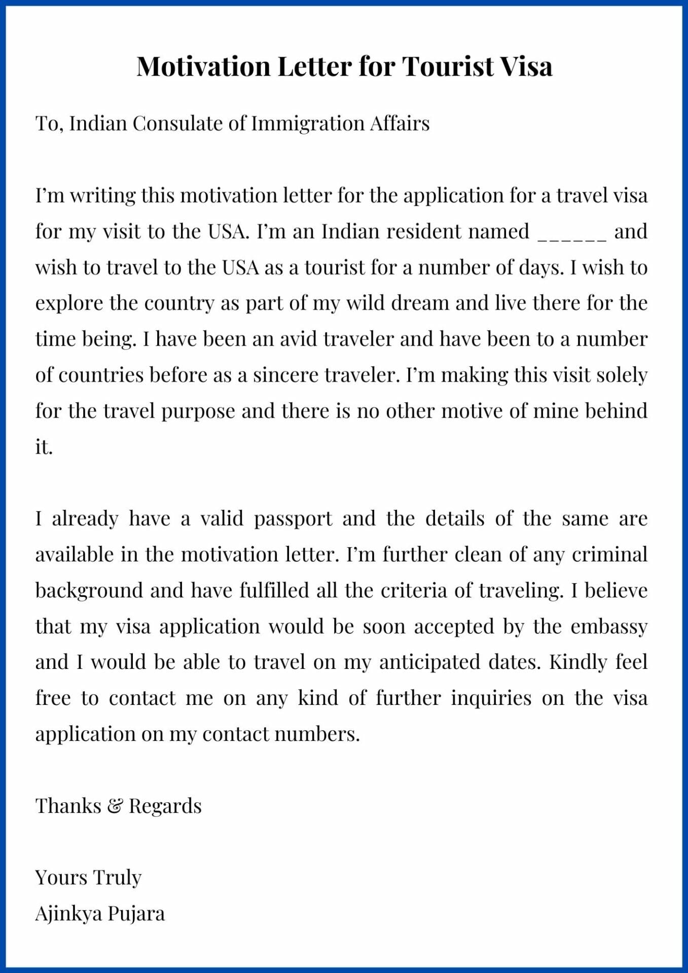 Motivation Letter for Tourist Visa