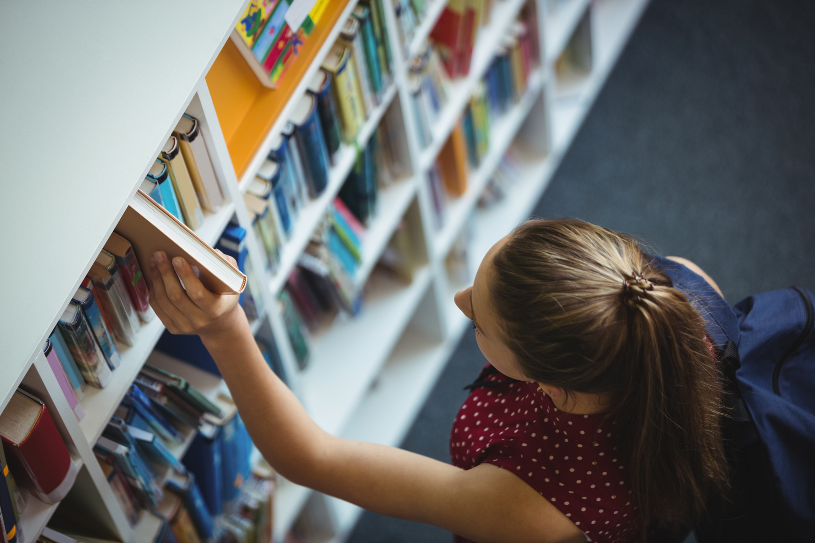 High angle view of schoolgirl selecting book from bookshelf in library at school. Students at private high schools often have to apply and should include a motivation letter for high school with their application