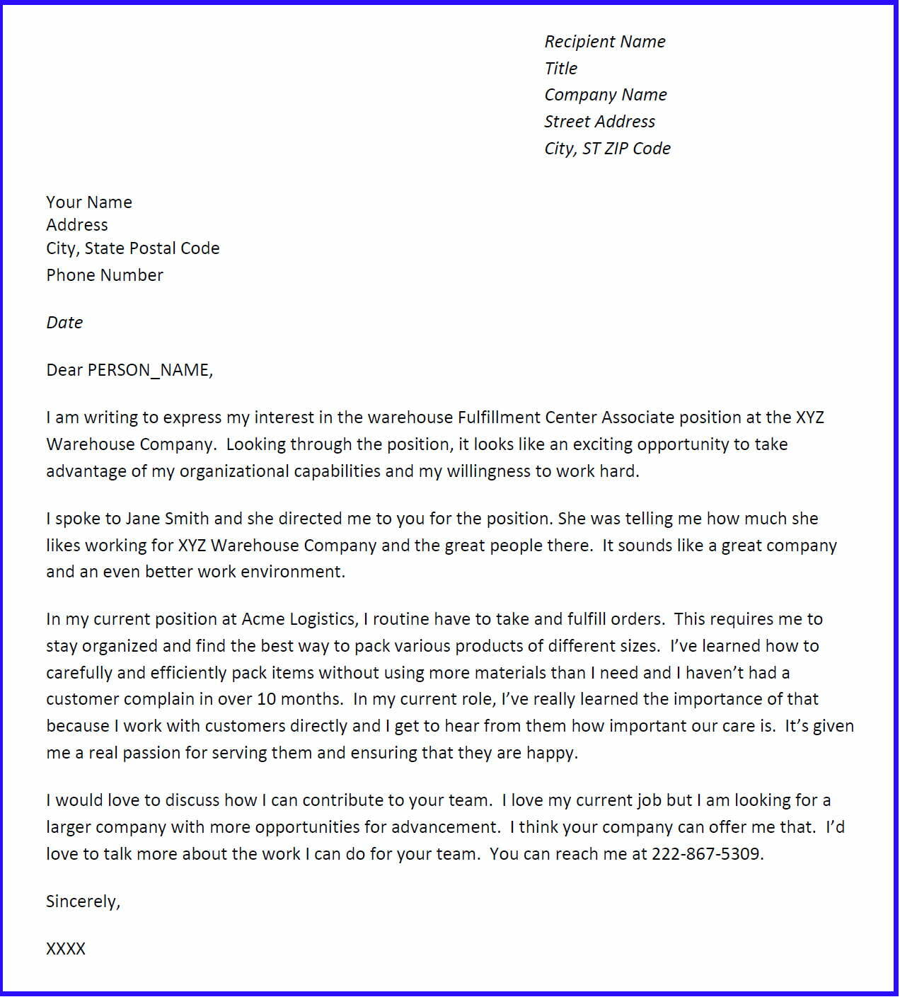 Sample Cover Letter for a Warehouse Job