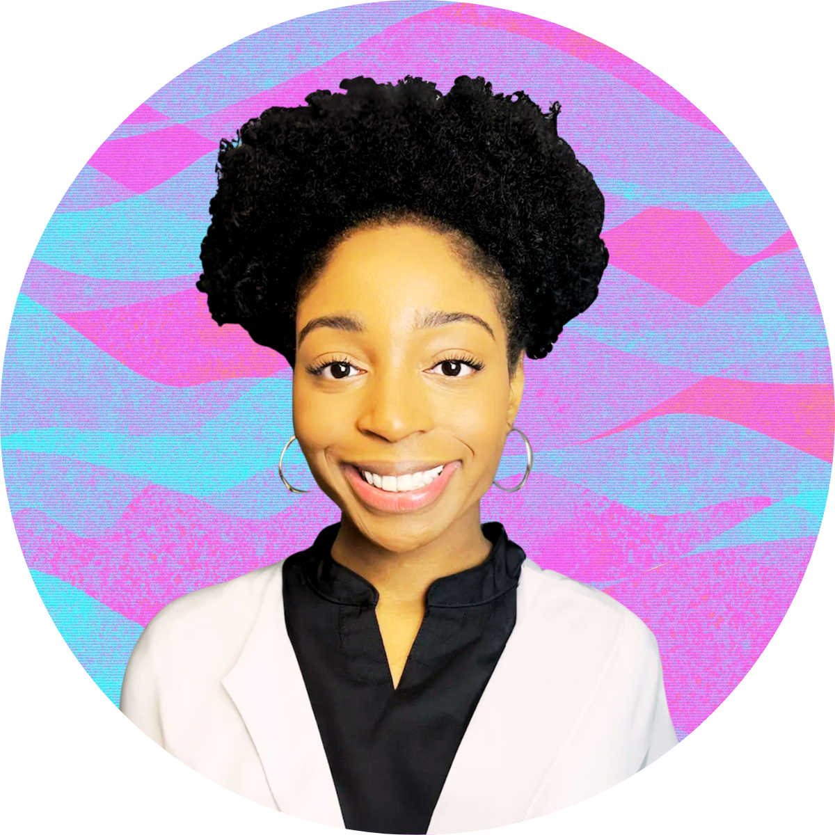 A woman with curly hair, wearing a white blazer and black top, smiles in front of a colorful, wavy pink and blue background.