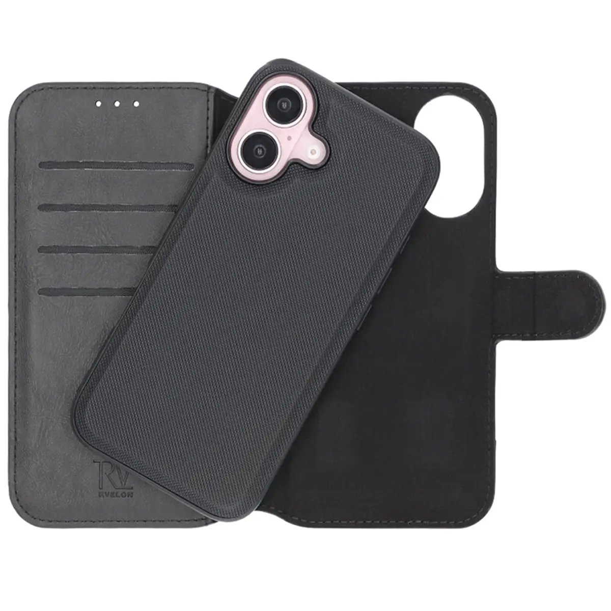 IPhone 16 Plånboksfodral Magnet Rvelon - Svart är öppen och visar kortfack till vänster, en iPhone-insida med dubbla linser till höger och ett synligt magnetlås.