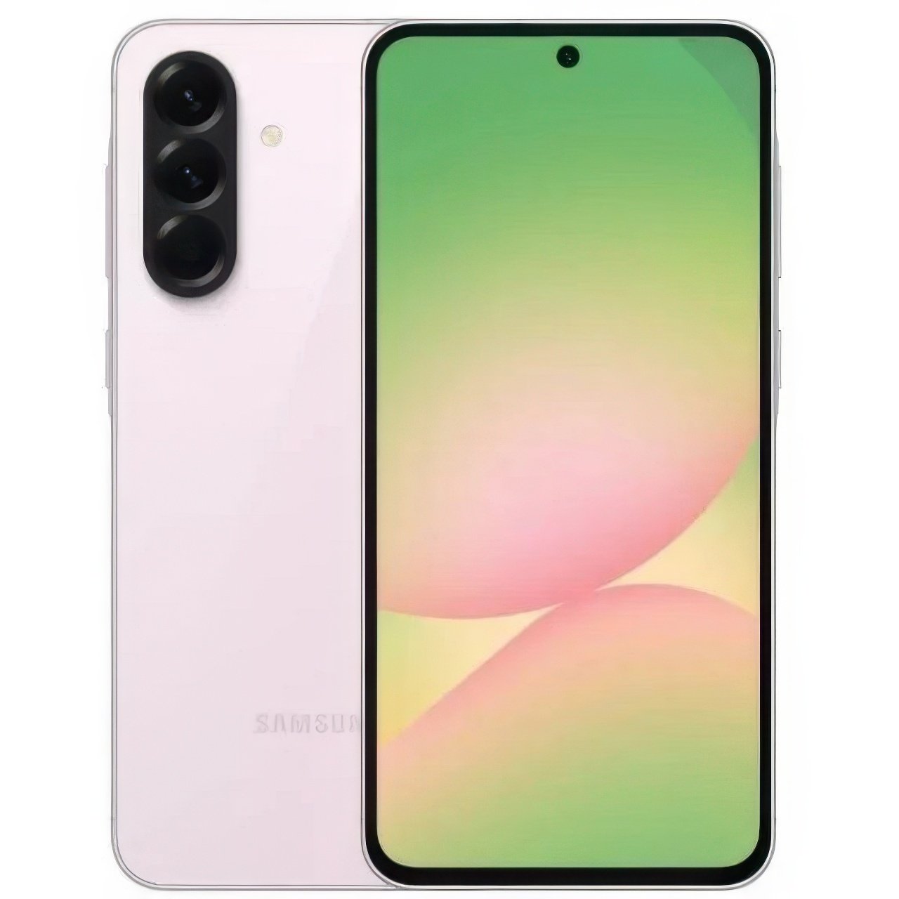 Samsung A56 Rosa 128 GB 5G Helt Ny har en ljusrosa baksida med tre bakre kameror och visas tillsammans med sin framsida, som visar en grön och persika gradient tapet.