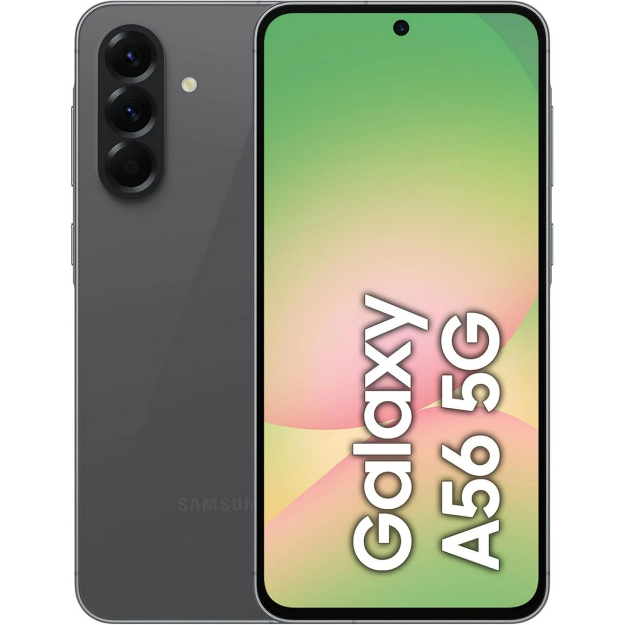 Fram- och bakifrån av den svarta Samsung A26 5G 256G-smarttelefonen, som visar tre bakre kameror och en helskärmsdisplay med "Galaxy A26 5G" på skärmen.