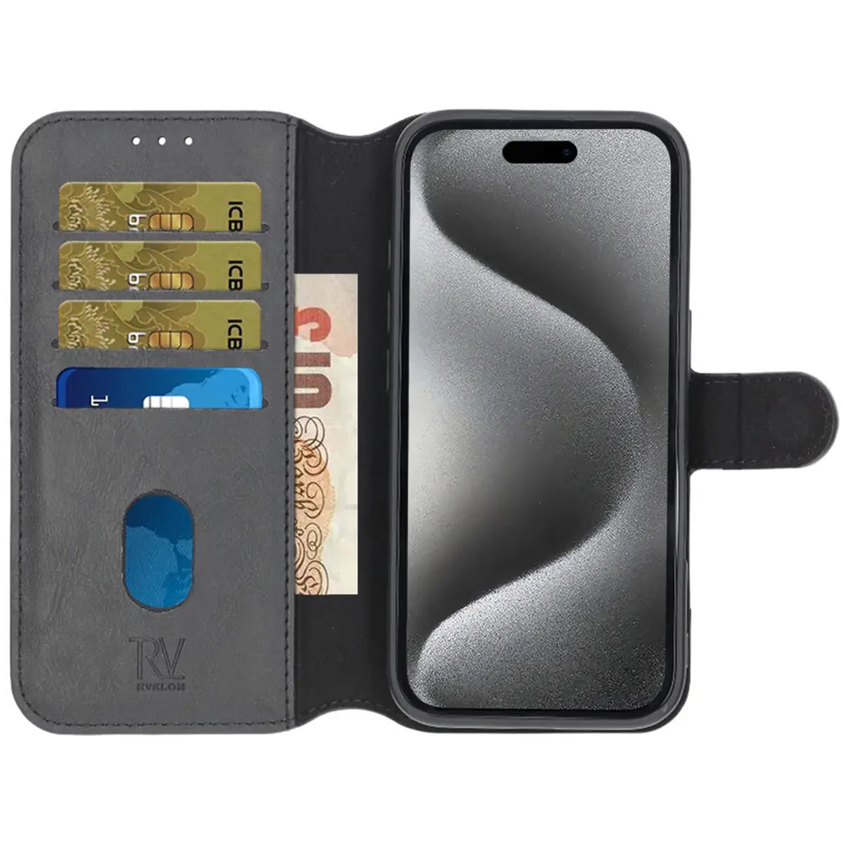 IPhone 16 Plånboksfodral Magnet Rvelon - Svart är ett svart plånboksfodral med magnetiskt lock, med plats för fyra kort och kontanter på vänster sida och plats för din smartphone på höger sida.