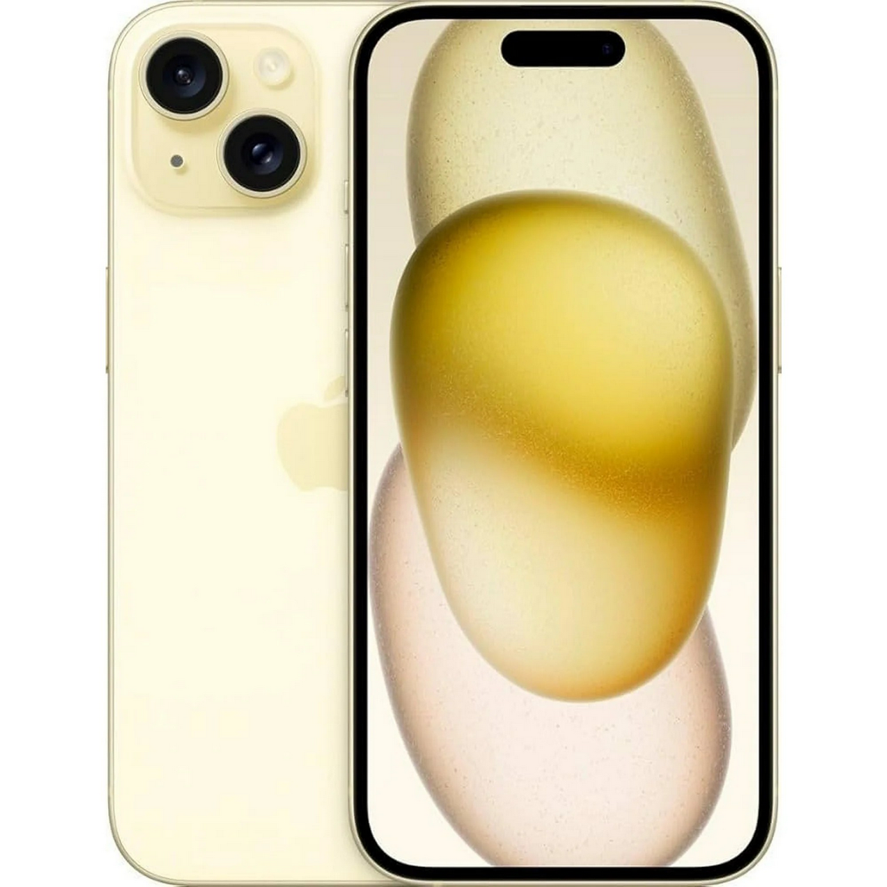 IPhone 15 Svart 128GB Premium Skick 100% Batteri visas med dubbla bakre kameror, en elegant modern design, rundade kanter och en framsida som visar en abstrakt oval tapet i guld och beige.