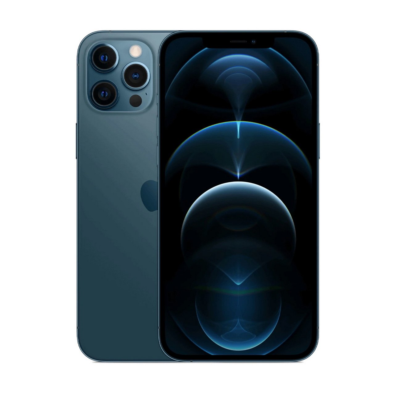IPhone 12 Pro Max har en grafitmetallisk finish, ett framstående trippelkamerasystem på baksidan och en livfull display som visar abstrakta blå mönster.