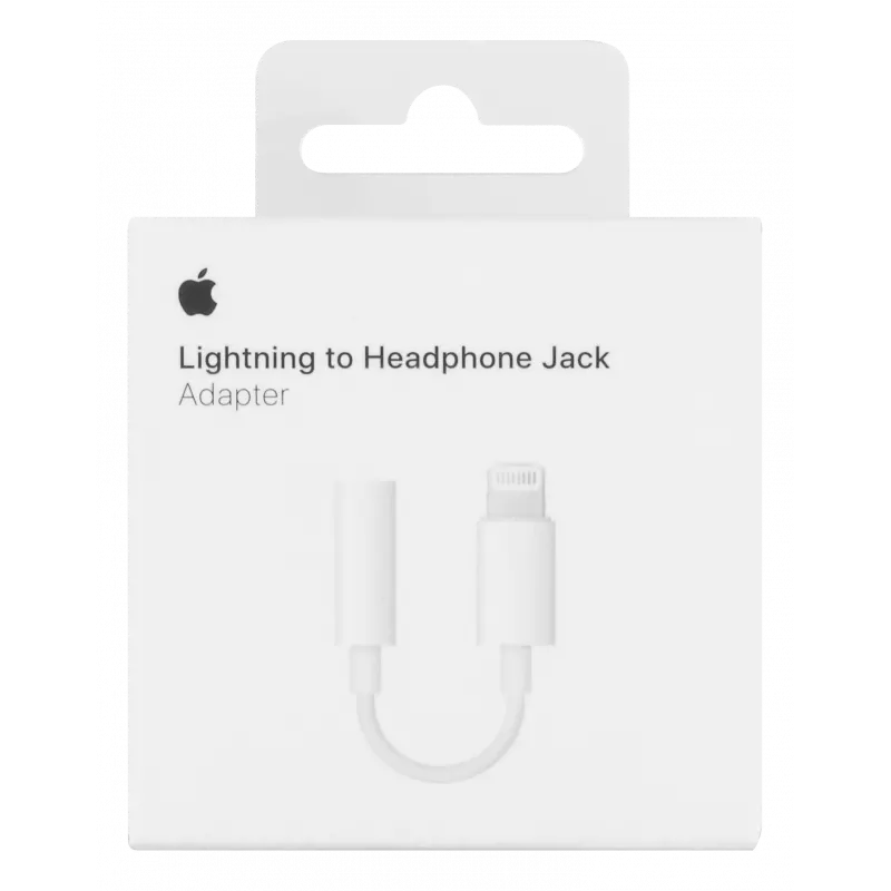 En vit detaljhandelsförpackning för Apple Lightning till 3,5 mm hörlursjackadapter visar en bild av adaptern och Apple-logotypen ovanför produktnamnet på framsidan. En vit detaljhandelsförpackning för Apple Lightning till 3,5 mm hörlursjackadapter visar en bild av adaptern och Apple-logotypen ovanför produktnamnet på framsidan.