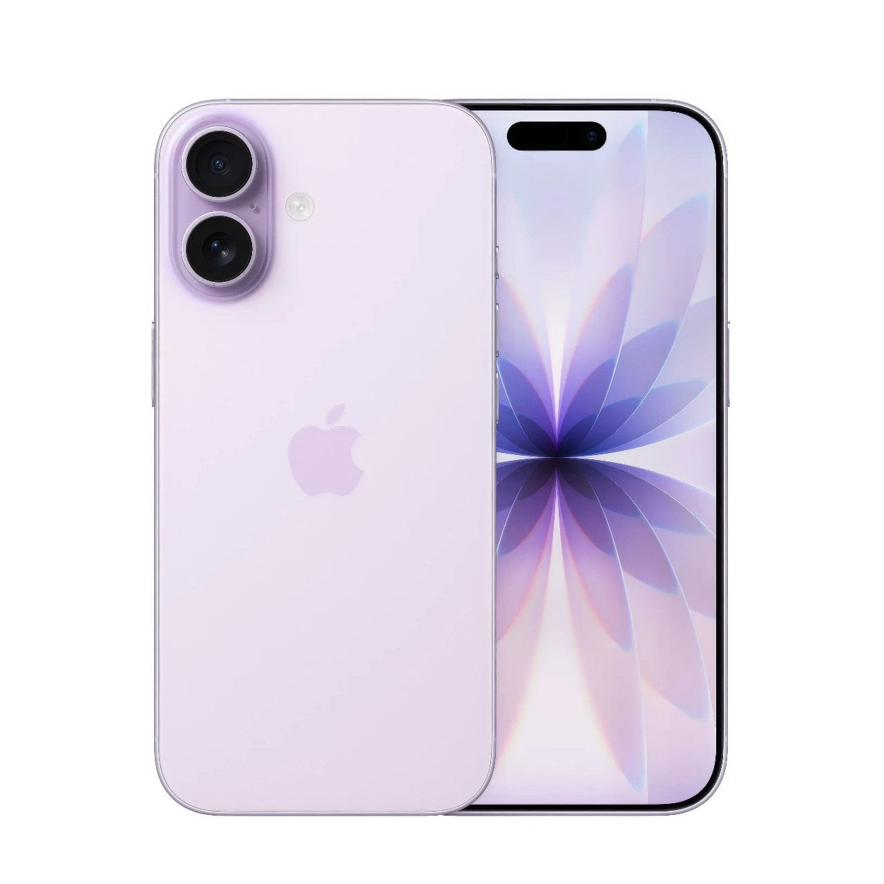 IPhone 17 256GB Lavender Heltny har en ljuslila finish, dubbla bakre kameror och visas med framsidan som visar en pastellblommig bakgrundsbild.