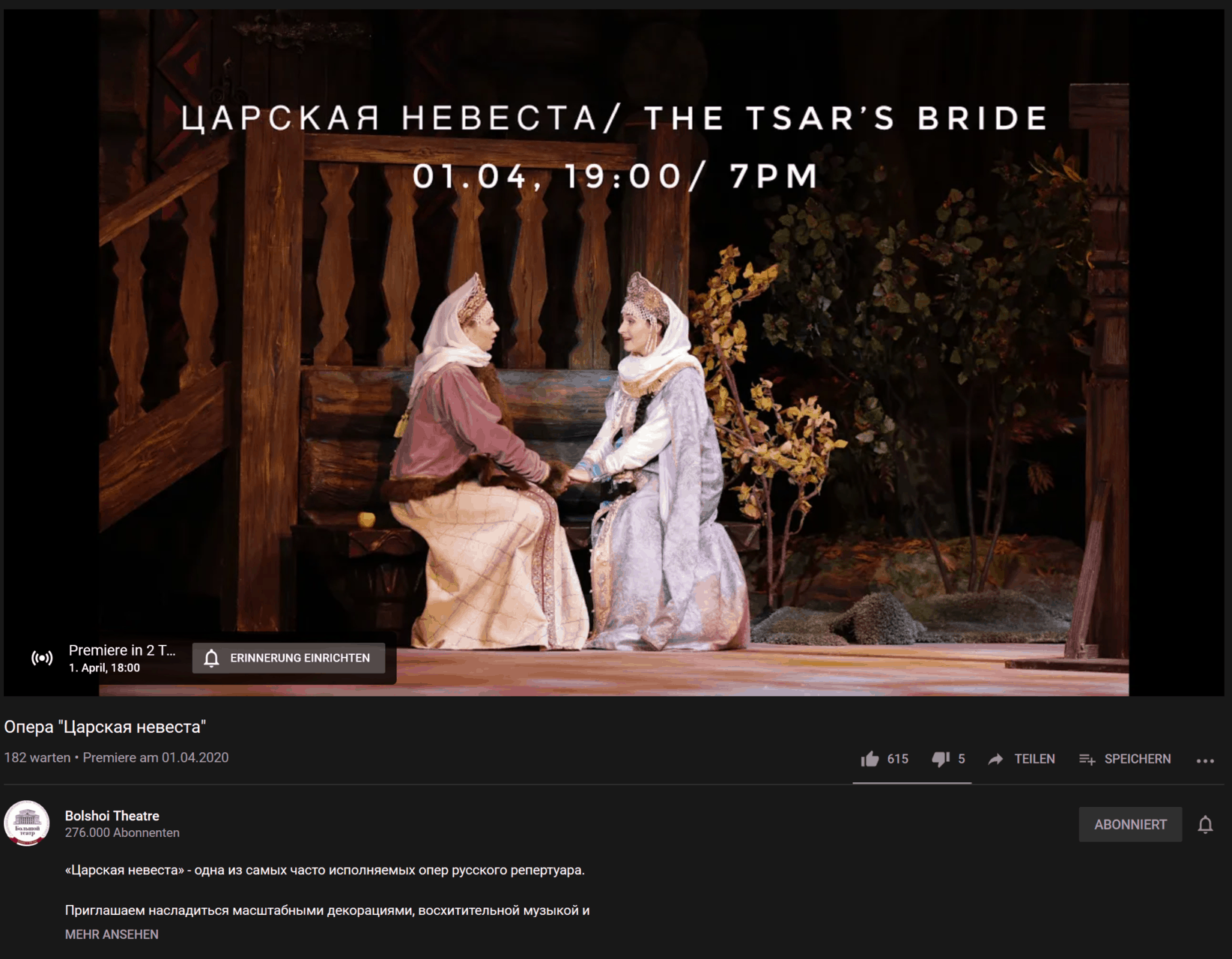 Kostenlos zum Bolschoi Theater Moskau – Ballet: The Tsar’s Bride – Ballet Die Braut des Zaren Bolschoi Theater Moskau - Ballet: The Tsar's Bride - Ballet- Die Braut des Zaren oder auf russsich: Опера "Царская невеста"