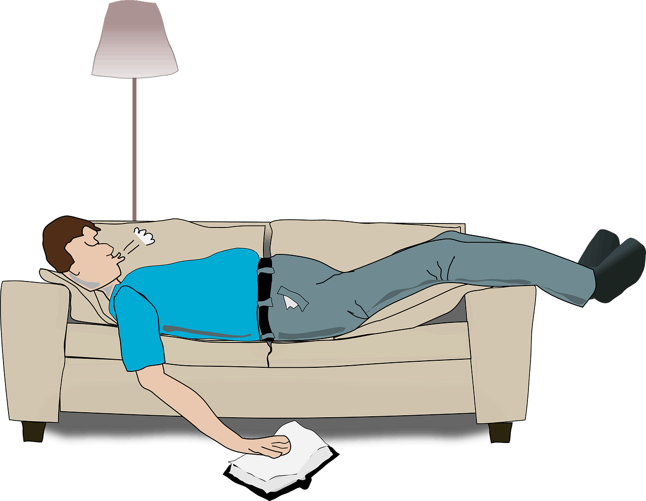 Schnarcher werden kranker Mann Sofa Schlafen Buch Halten Schnarchen Geck