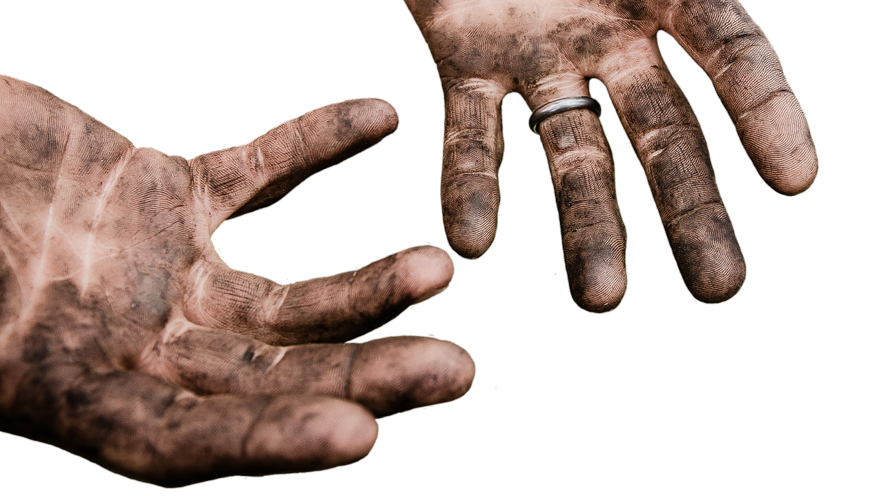 Dreck reinigt den Magen – Mythos oder Wahrheit? Hände Schmutzig Arbeit Dreck Schmutz Freigestellt