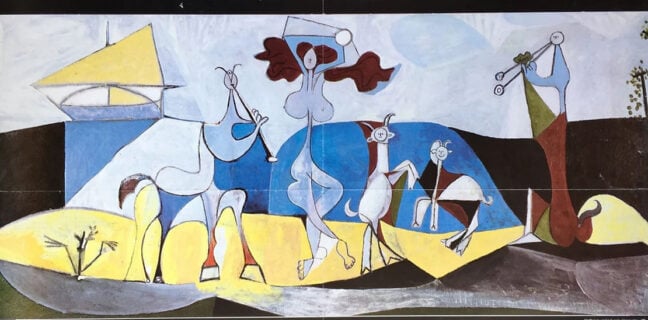 Picasso empfängt in Antibes Picassos Meisterwerk ‚La Joie de Vivre‘ - ‚Lebensfreude‘ auf einem Poster des Picasso Museums in Antibes