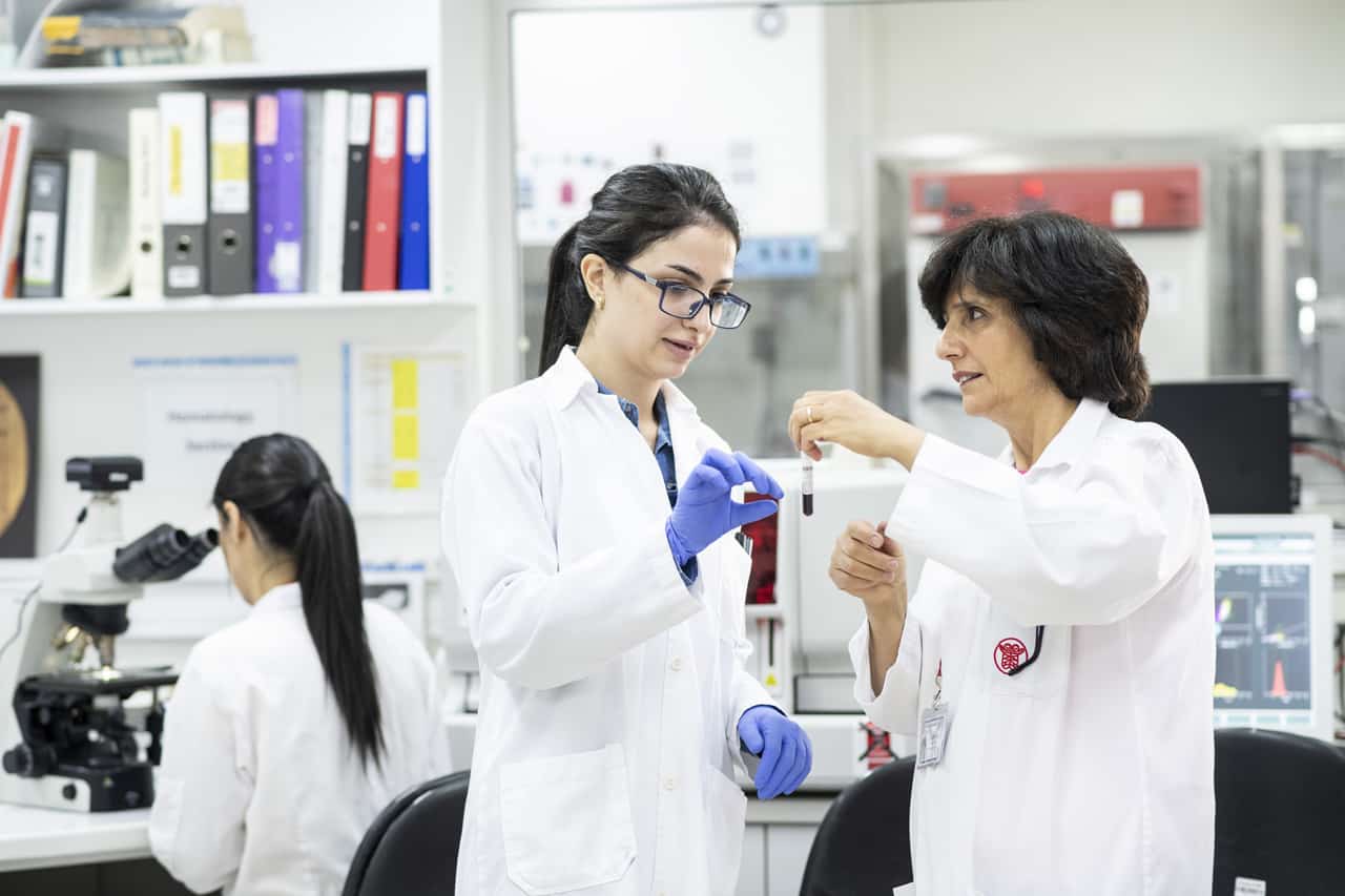 Das Labor gibt den Ärzten wichtige Anhaltspunkte für ihre Diagnosen. Darum ist Dr. Hiyam Marzouqa im ständigen Kontakt mit den Kolleginnen im Labor.