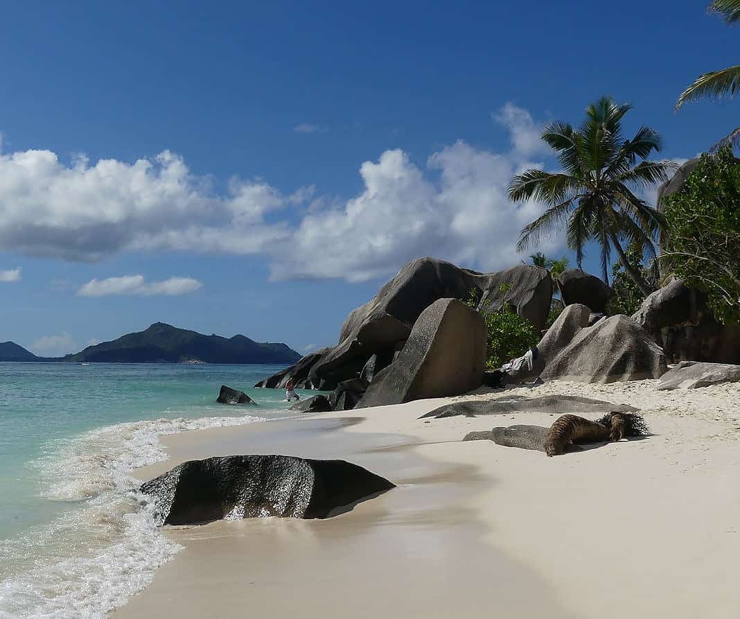 Grüne Oasen im Indischen Ozean Einer von vielen Traumstränden auf den Seychellen - der Source d'Argent auf La Digue mit seinen charakteristischen Granitfelsen