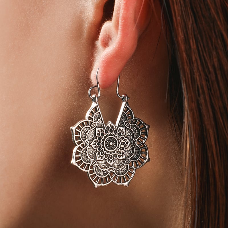 Boucle d'oreille pendante MANDALA ETHNIQUE argent pour femme