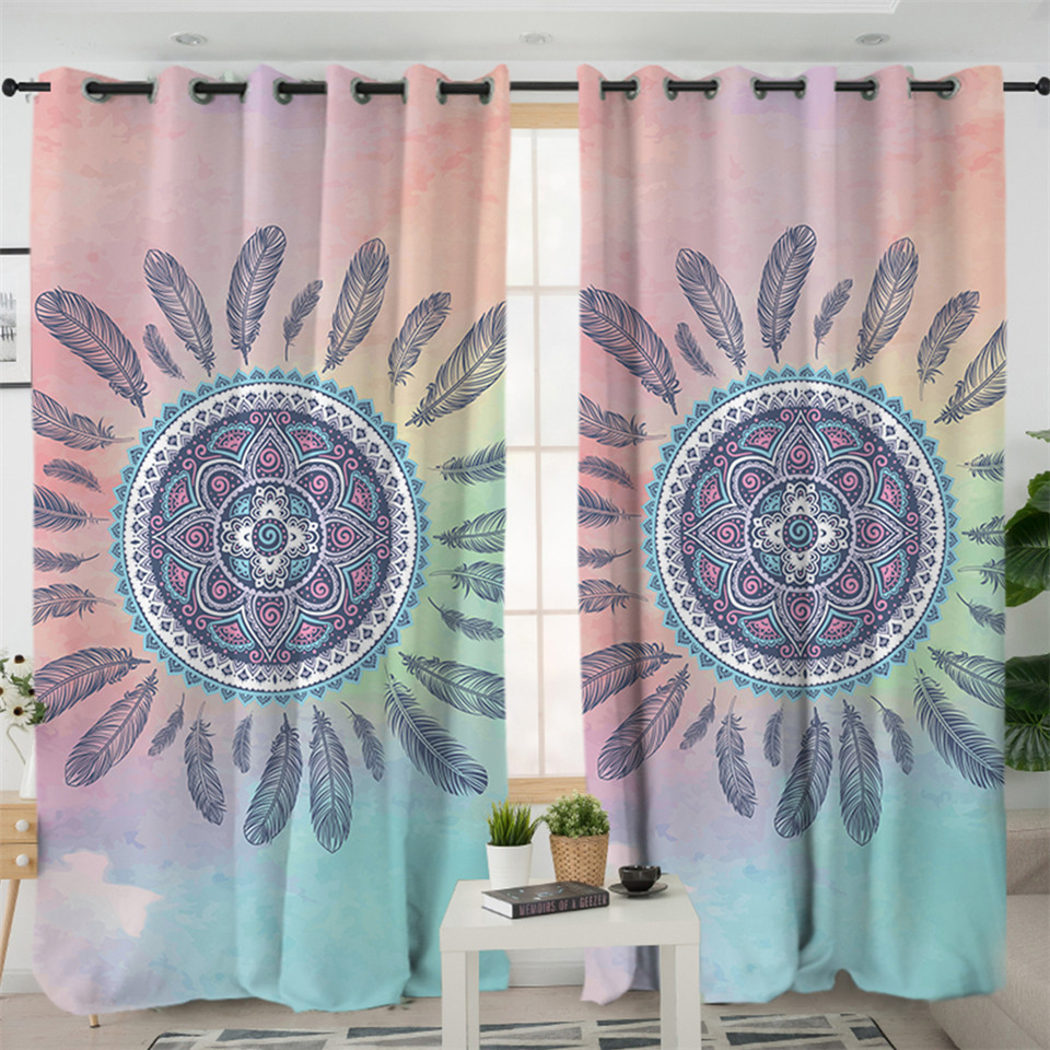 Rideau motif MANDALA plumes (voilage bleu et rose) – Image 2
