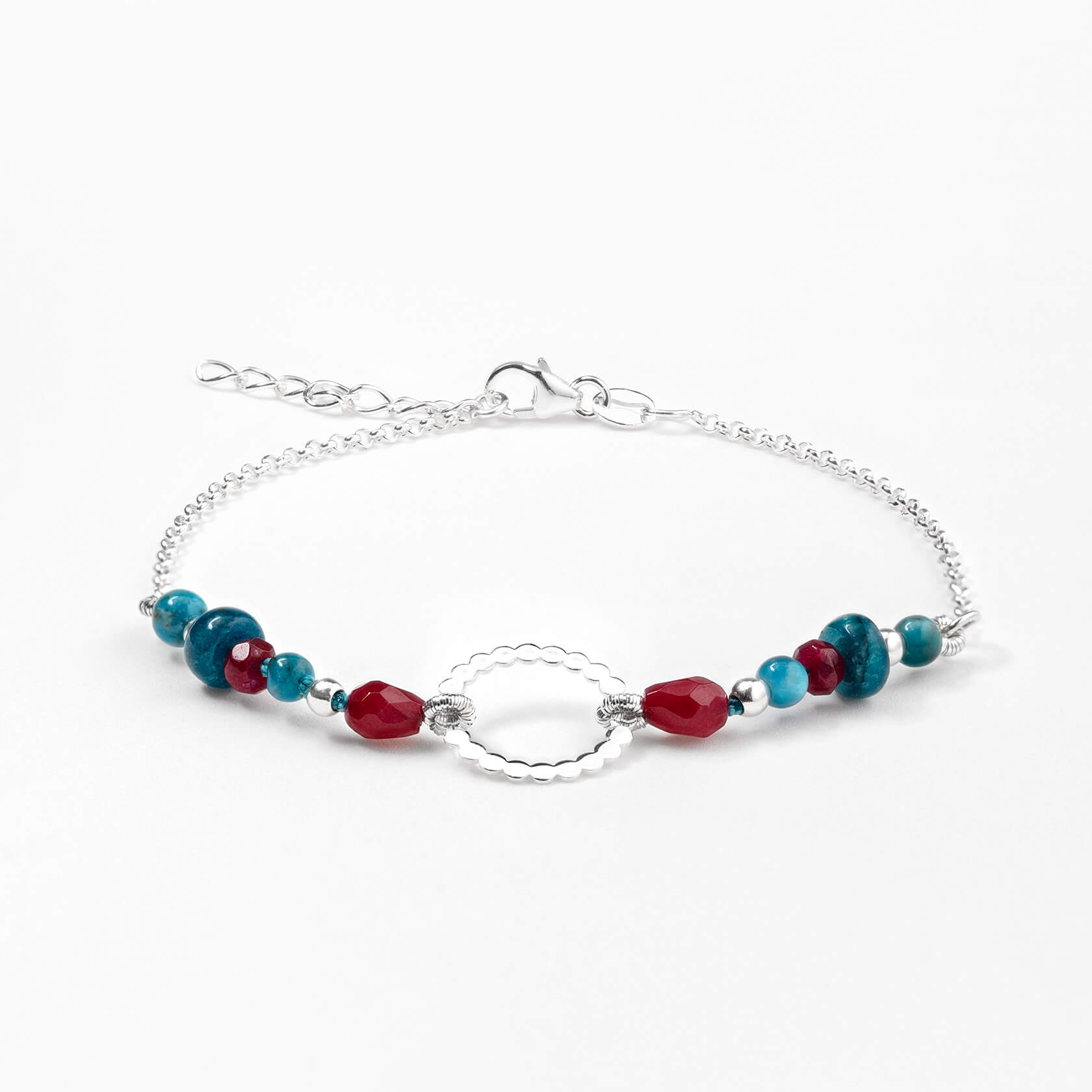 pulsera de apatito azul y ágata rubi