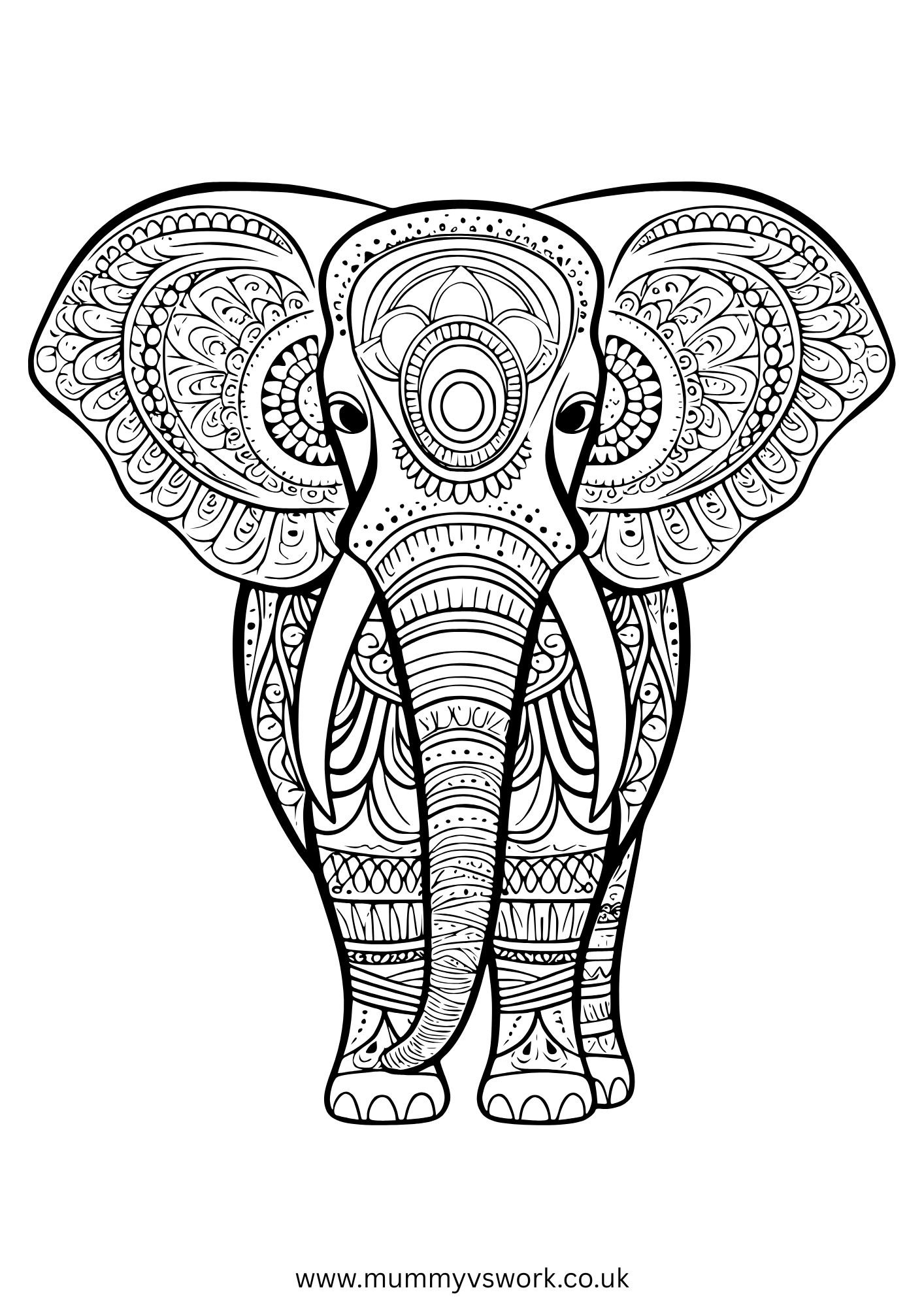 9 Decorative elephant mandala with intricate patterns and ornate tribal designs - creative animal colouring sheet PDF