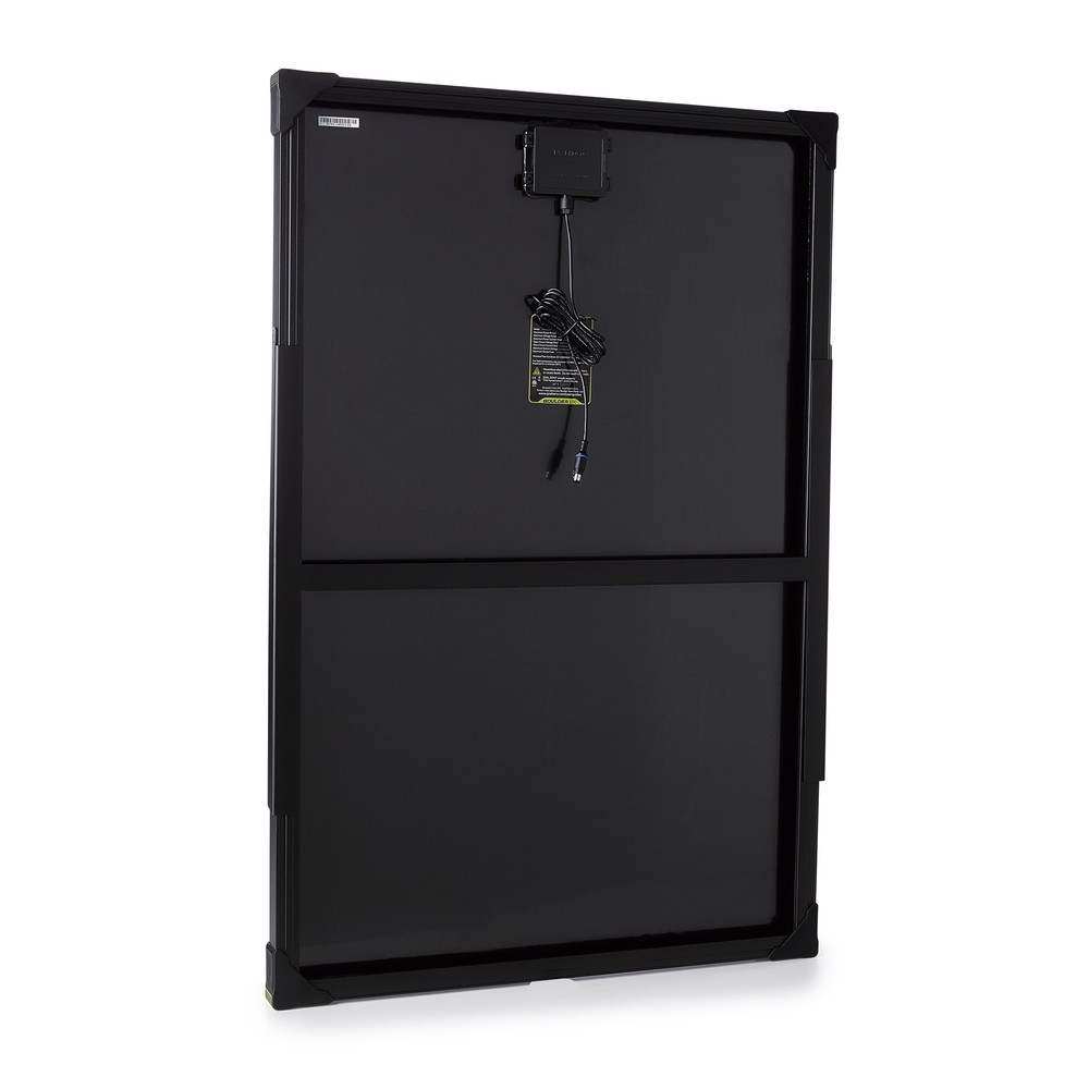 מבט אחורי של פאנל סולארי קשיח BOULDER 50 (12-22V, 50W) הכולל קופסת חיבורים וכבלים מחוברים במרכז, הממחיש טכנולוגיה פוטו-וולטאית מתקדמת להמרת אנרגיה סולארית יעילה; אידיאלי לייצור חשמל בתשתיות אנרגיה מתחדשת כגון תחנות סולאריות או שילוב במערכות אחסון סולאריות.