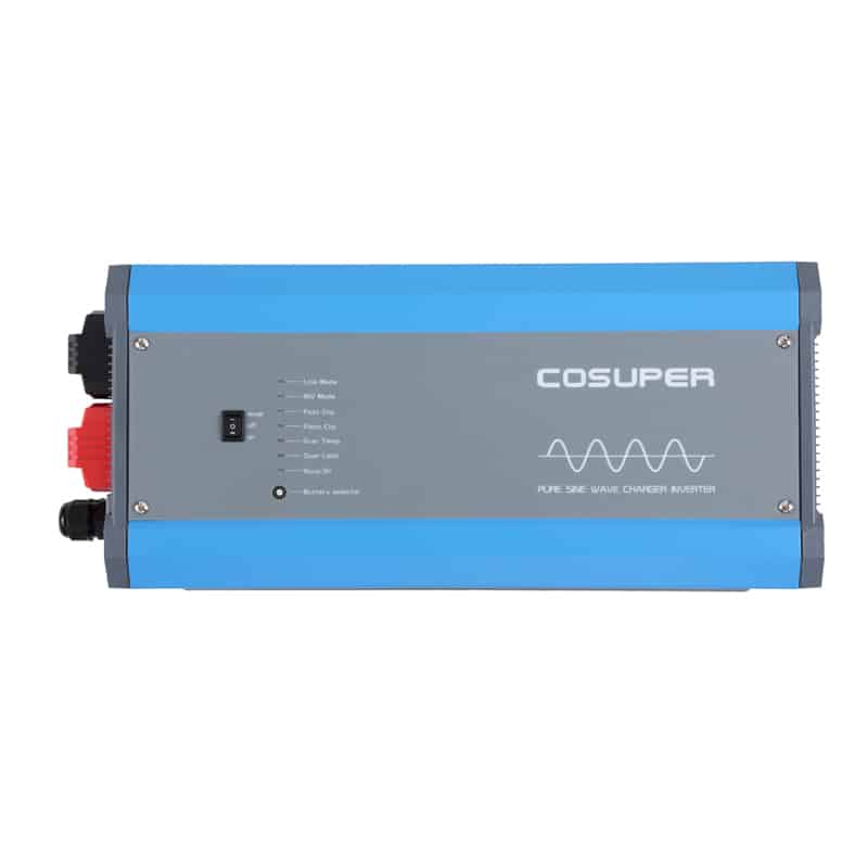 ממיר מתח סולארי משולב COSUPER 5000W 24V, כחול-אפור, עם נורות חיווי, מתג וטרמינלים בצד שמאל—אידיאלי למערכות אנרגיה מתחדשת, טכנולוגיות פוטו-וולטאיות, ייצור חשמל סולארי ותשתיות לאספקת כוח לקמפינג, קרוואנים ומתקני שמש.