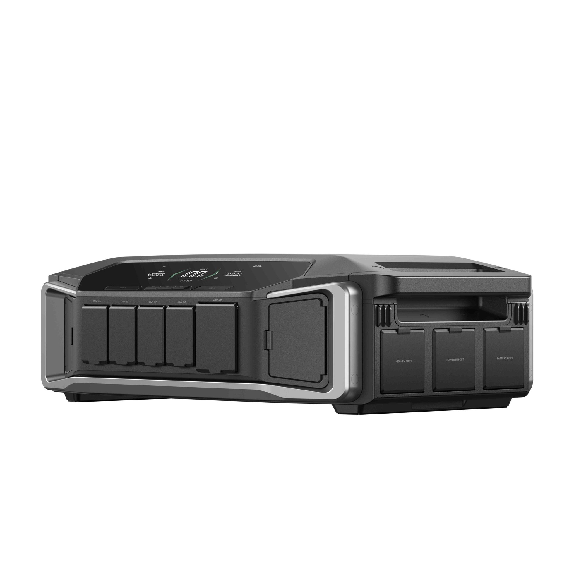 תחנת כוח סולארית ECOFLOW DELTA PRO ULTRA 6900W עם תצוגה דיגיטלית, חזית עם מספר חריצים, סוללת הרחבה 6000Wh, עגלת נשיאה.