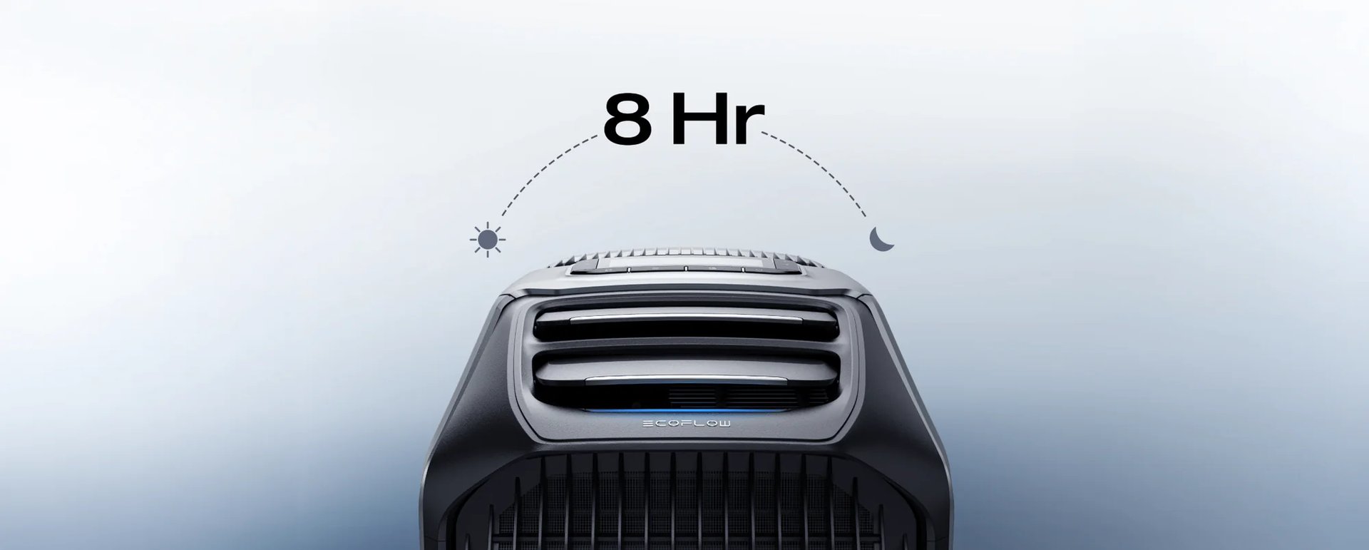 תקריב של מזגן נייד המופעל באנרגיה סולארית EcoFlow WAVE 2 עם סמל "8 שעות" וסמלי שמש/ירח, המציג שימוש באנרגיה מתחדשת לאורך יום שלם.
