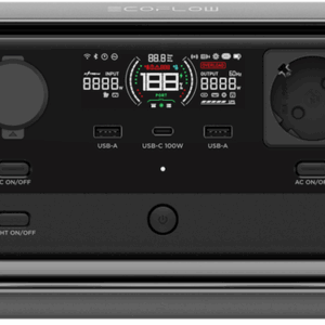 מבט קדמי על תחנת הכוח הניידת ECOFLOW RIVER 3 Plus, המדגיש את היציאות התואמות לאנרגיה סולארית, את תצוגת הפוטו-וולטאית ואת אפשרויות האנרגיה המתחדשת.