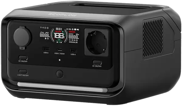 תחנת כוח ניידת ECOFLOW RIVER 3 Plus עם מסך דיגיטלי, תומכת אנרגיה סולארית, פוטו-וולטאית וטעינה ירוקה מתקדמת.