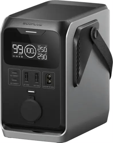 תחנת כוח ניידת TRAIL 300 DC מבית ECOFLOW לשימוש עם פאנלים סולאריים, תצוגה דיגיטלית, יציאות USB ו-AC, ידית נשיאה.