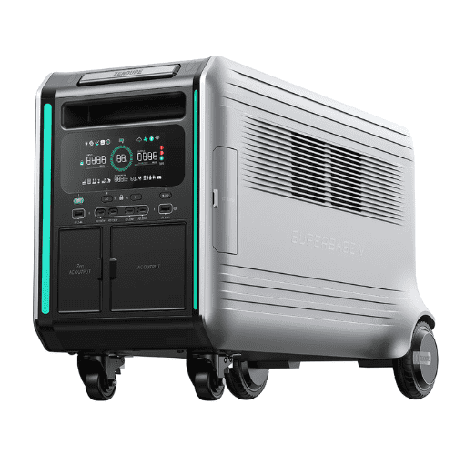 תחנת כוח סולארית ניידת Zendure SuperBase 4600 הכוללת תצוגה דיגיטלית, מספר יציאות פלט תואמות פוטו-וולטאית, גלגלים משולבים וידית נשיאה - אידיאלית לייצור אנרגיה מתחדשת, גיבוי סולארי מחוץ לרשת החשמל ותשתית חשמל ניידת.