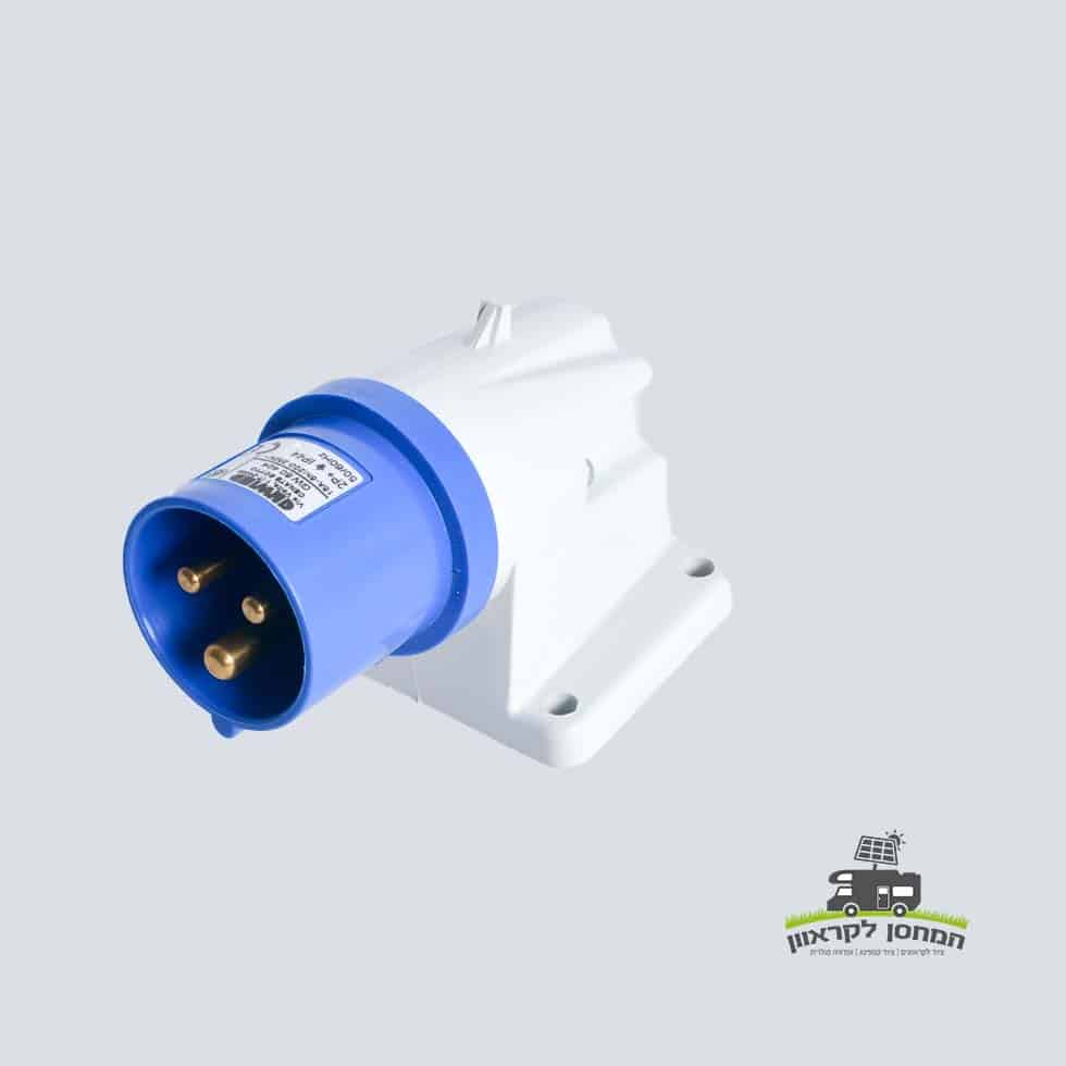 שקע חשמל עגול בכחול-לבן ברמה תעשייתית בעל 3 פינים לחיבור חשמלי מאובטח במערכות אנרגיה סולארית, מיועד להתקנות פוטו-וולטאיות, שילוב גנרטורים ותשתיות אנרגיה מתחדשת - מוצג על רקע אפור בהיר חלק.