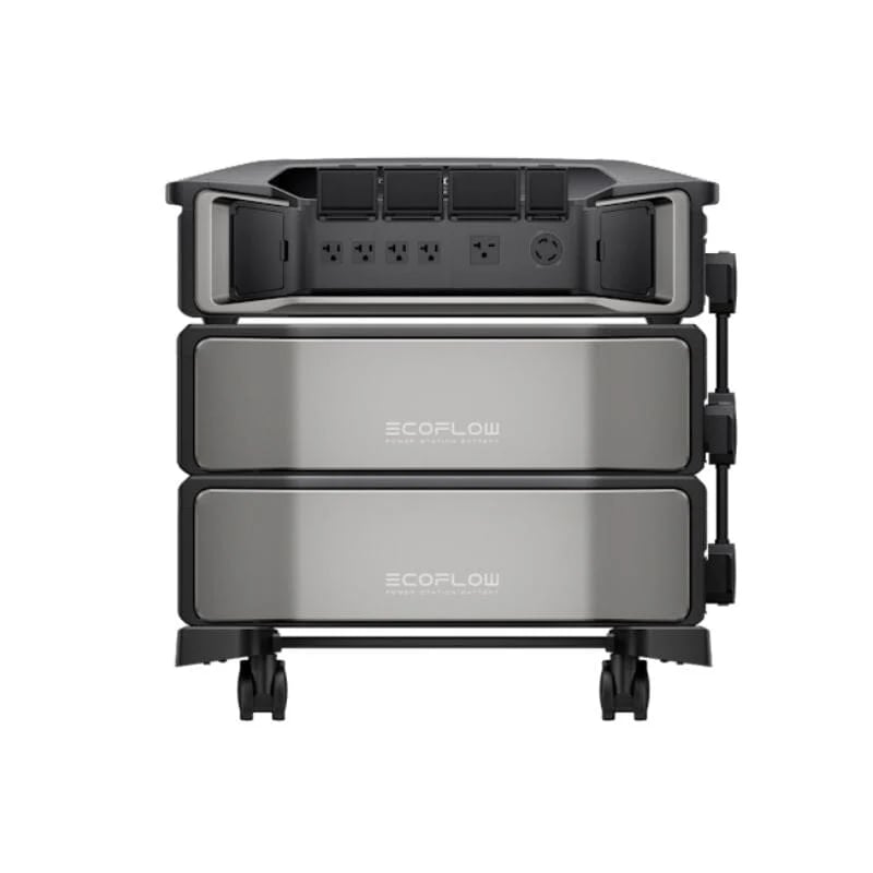 סט ECOFLOW DELTA PRO ULTTRA 6900W עם סוללת הרחבה 6000Wh ועגלת נשיאה, פתרון אנרגיה מתחדשת ותמיכה בפאנלים סולאריים, רקע לבן.