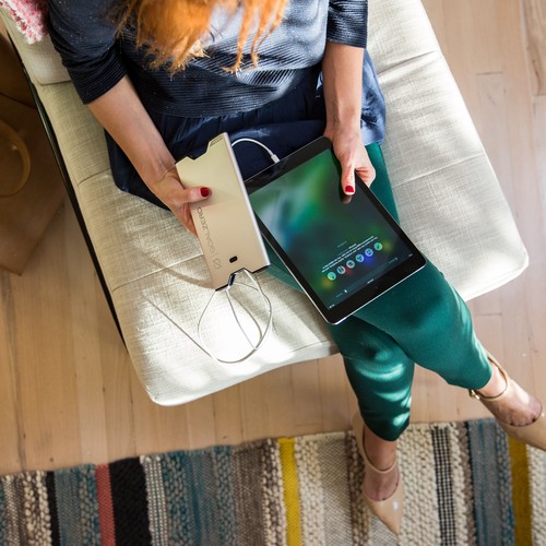 אדם עם שיער ג'ינג'י יושב על כיסא מרופד, אוחז בטאבלט וסוללת גיבוי ניידת Sherpa40 בהספק 40Wh (סוללת גיבוי), הכוללת כבלי L+M לטעינה סולארית. שטיח מפוספס נראה על הרצפה, ומרמז על סביבה פנימית שבה פתרונות אנרגיה מתחדשת כמו טכנולוגיה פוטו-וולטאית וייצור אנרגיה סולארית ניידת משפרים את השימוש היומיומי במכשירים ניידים ותשתיות בנות-קיימא.