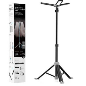 תאורת שטח ניידת טלסקופית 12V EcoFlow, המורכבת מהקופסה שלה הכוללת אנרגיה סולארית, טכנולוגיה פוטו-וולטאית ופרטי התקנה.