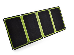 פאנל סולארי מתקפל NOMAD 28 ב-12-22V, בעל ארבעה חלקים פוטו-וולטאים שחורים עם שוליים ירוקים, אידאלי לייצור חשמל מאנרגיה מתחדשת ומערכות אגירה סולארית בתחנות כוח ביתיות; מונח על רקע לבן.