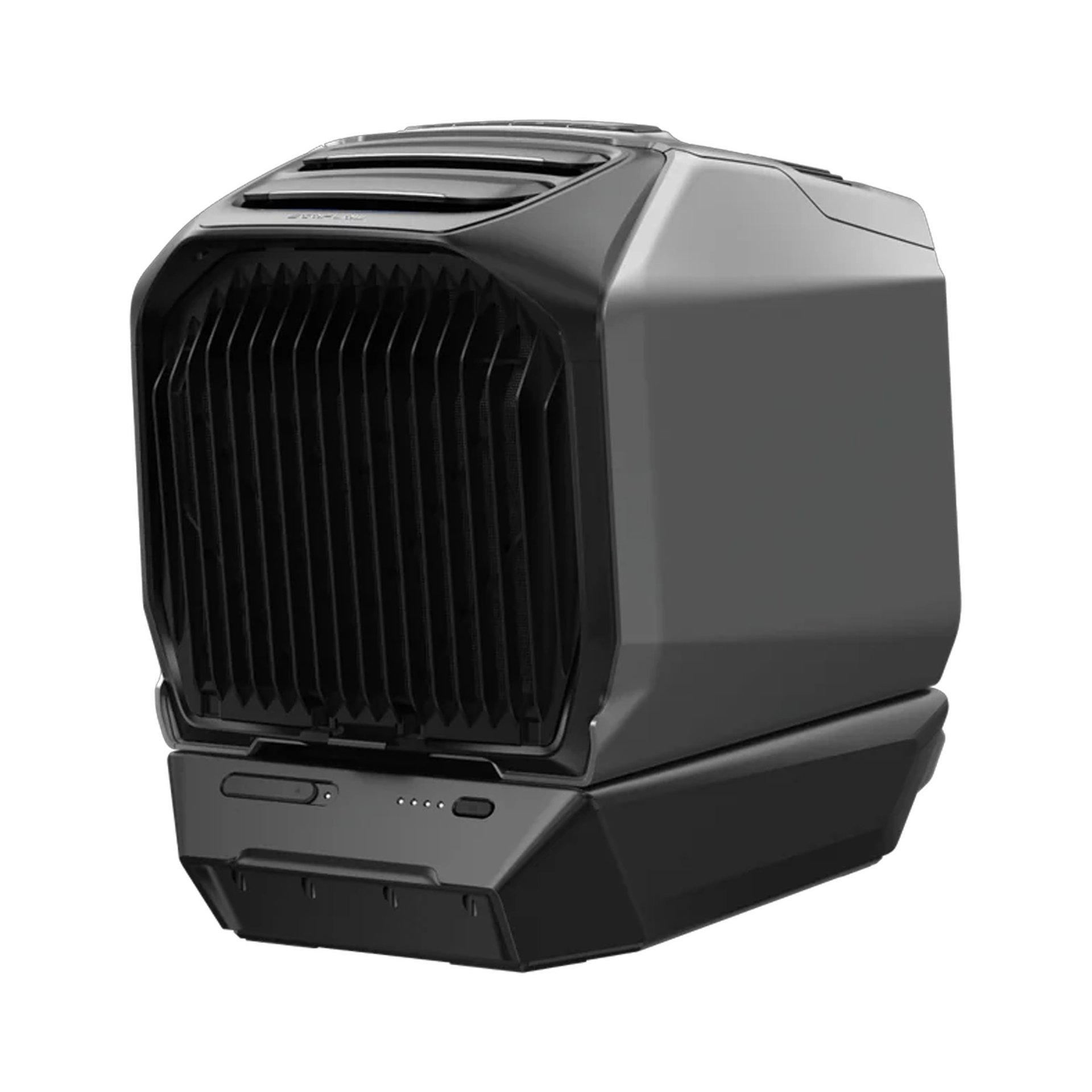 מזגן נייד EcoFlow WAVE 2 עם סוללה, המיועד לשילוב אנרגיה סולארית ושימוש באנרגיה מתחדשת, על רקע לבן.