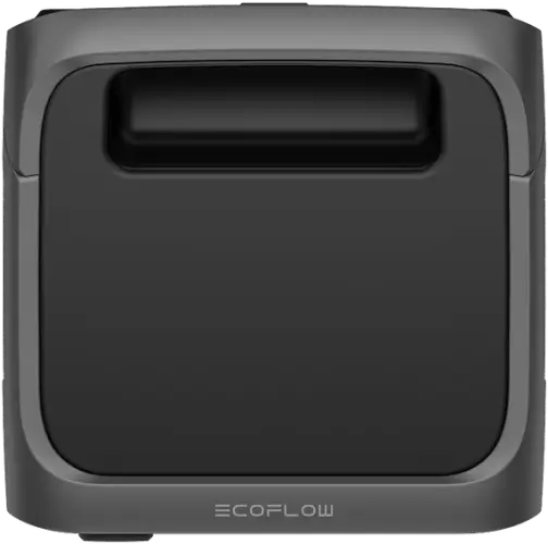 תחנת כוח ניידת ECOFLOW RIVER 3 Plus בצבע שחור/אפור, מבט מלפנים, עם ידית עליונה — אידיאלית לשימוש באנרגיה סולארית ומתחדשת.